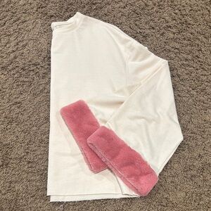 Zara Cream Long Sleeve Top with Pink Faux Fur Cuffs